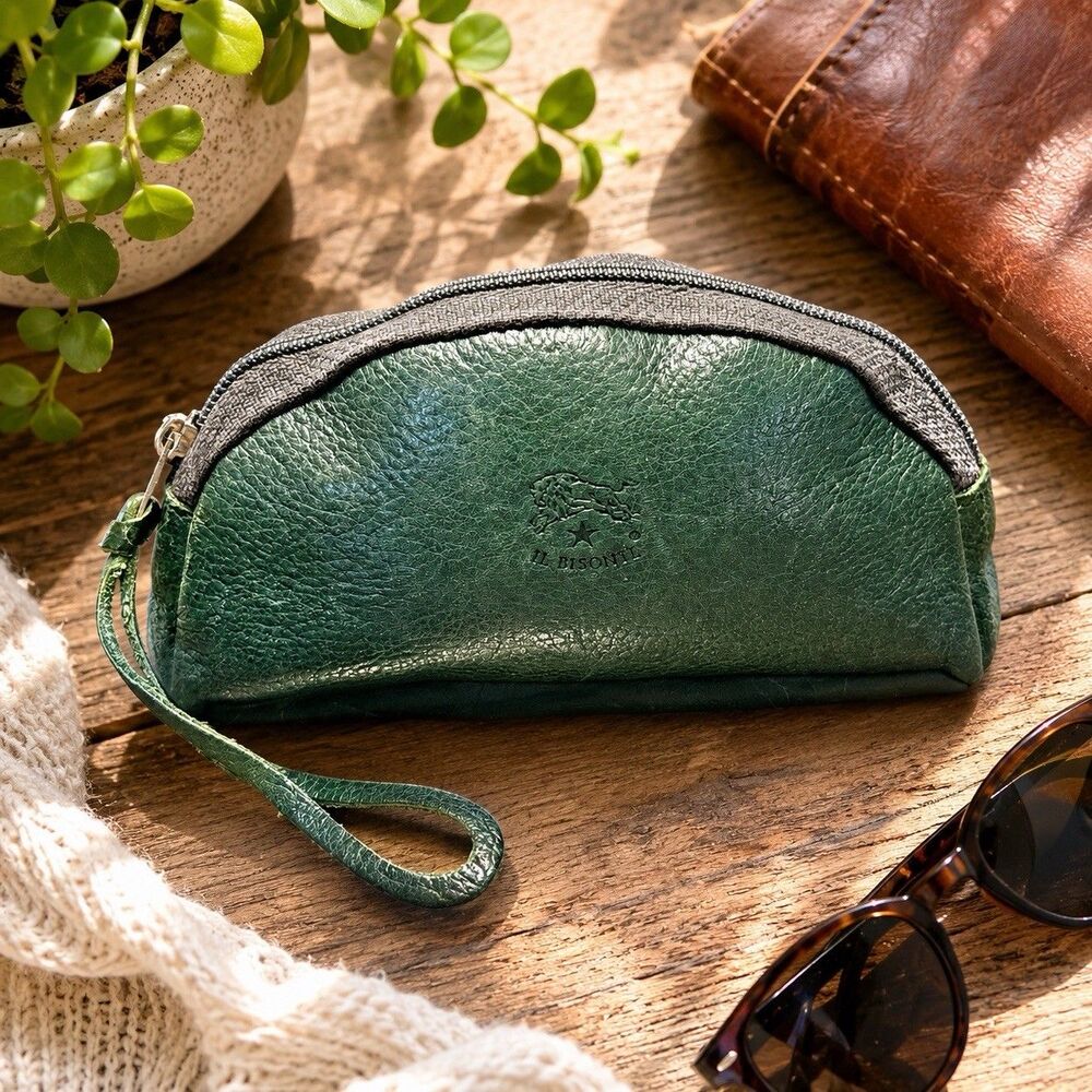 IL BISONTE Leather Pouch Small  Zip Coin Purse green Genuine Leather Italy
